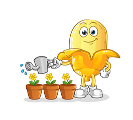 banana watering the flowers mascot. cartoon vector