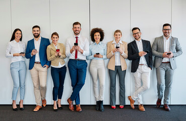 young business people team with mobile phone smartphone social teamwork businessman businesswoman communication group