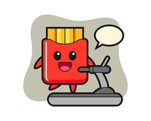 French fries cartoon character walking on the treadmill