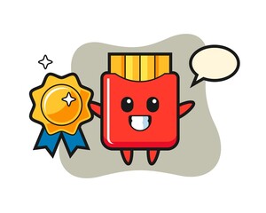 French fries mascot illustration holding a golden badge