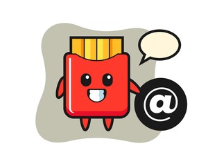 Cartoon illustration of french fries standing beside the At symbol