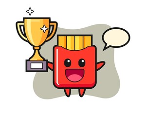 Cartoon illustration of french fries is happy holding up the golden trophy