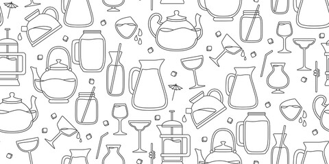 Hawaii cocktails, summer jug, jar and glass black line seamless pattern. Paper print lemonade and Tea, fresh Smoothie wallpaper. Tropical drinks hand drawn flat design menu. Trendy vector illustration