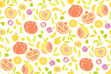Exotic hawaiian fruit line seamless pattern. Pomegranate, orange, peach apricot, plum wallpaper tropical summer texture. Hand drawn fruit textiles, wallpaper, webdesign. Isolated vector illustration