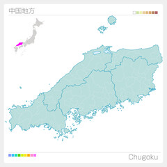 Obraz premium 中国地方の地図・Chugoku（県・区分け）