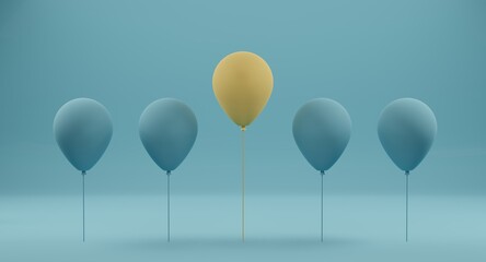 Outstanding yellow balloon among blue balloon on blue background. Concept of different and stand out from the crowd. 3D rendering