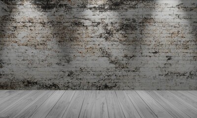 White brick wall and wood floor. Modern bright interior. Empty room with spotlight. 3D rendering