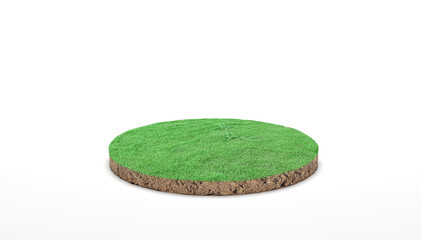 3d rendering. Round soil ground cross section with green grass on white background.