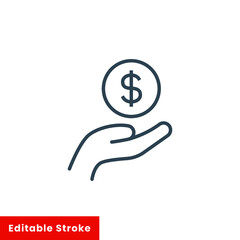 Obraz premium Salary, sell, money, business, buy, hand line icon. Simple outline style. Save, cash, coin, currency, dollar, finance concept. Vector illustration isolated on white background. Editable stroke EPS 10