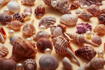 a lot of different empty sea shells on yellow background, macro details