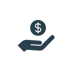 Salary, sell, money, business, buy, hand glyph icon. Simple solid style. Save, cash, coin, currency, dollar, finance concept. Vector illustration isolated on white background. EPS 10