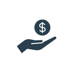 Salary, sell, money, business, buy, hand glyph icon. Simple solid style. Save, cash, coin, currency, dollar, finance concept. Vector illustration isolated on white background. EPS 10