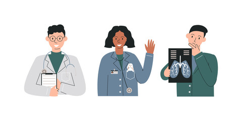 Fototapeta premium Group of different specializations doctors isolated. Therapist holding examining list, pediatrician greeting with toy, pulmonologist studying x-ray. Medical staff team. Vector flat linear illustration
