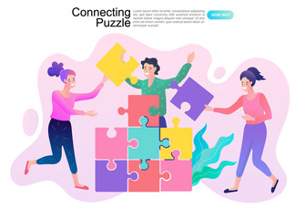 Group of business people assembling jigsaw puzzle and represent team support. Concept of teamwork, business cooperation, collective project work. Modern flat colorful vector illustration.