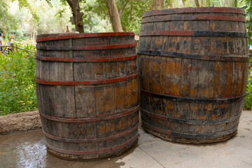 Big volume wooden wine barrels in the park
