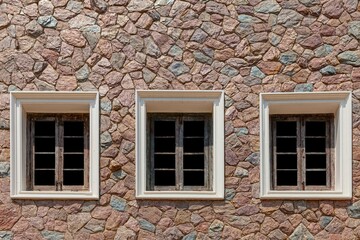 Three vintage old white wooden windows and brown stone wall
