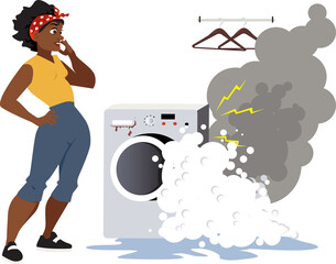 Upset woman looking at a broken washing machine, smoke and foam come out of it, EPS 8 vector illustration	

