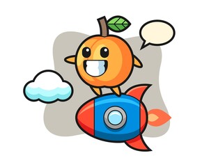 Apricot mascot character riding a rocket
