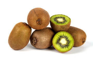 Whole kiwi fruits and half kiwi fruits on a white background