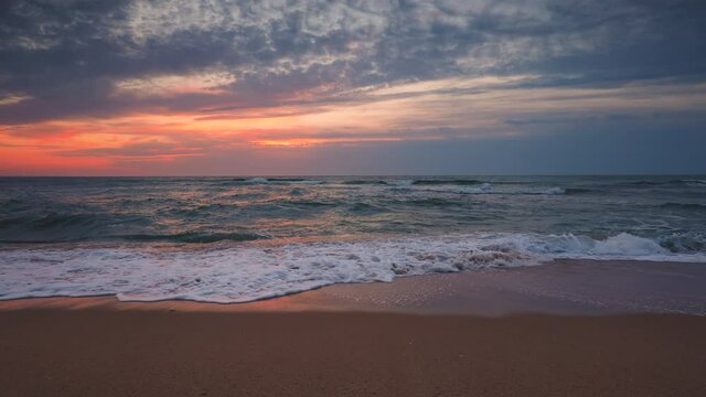 Ocean sunrise, tropical island beach and waves, 4k video