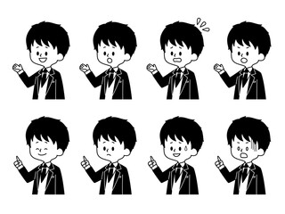 男子学生の表情セット-白黒