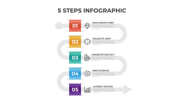 5 points of steps, arrow list flow diagram layout vector, infographic template element