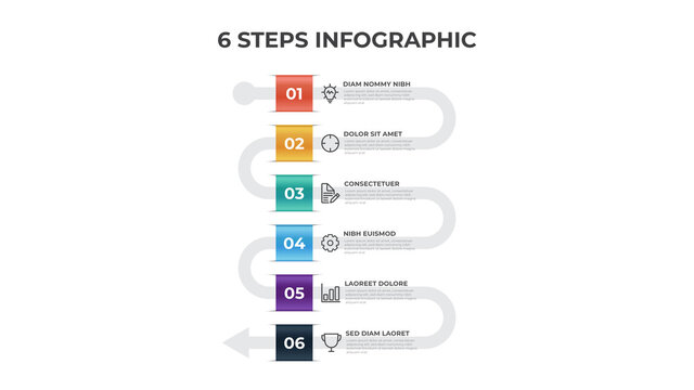 6 points of steps, arrow list flow diagram layout vector, infographic template element