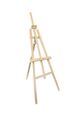 Isolated easel on a white background. Art canvas holder made of light wood. High quality photo