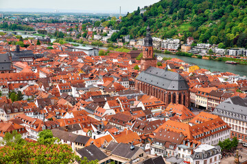 Obraz premium Beautiful Germany. Aerial view over Heidelberg town in Spring. City center including main cathedral, river Neckar and river valley.