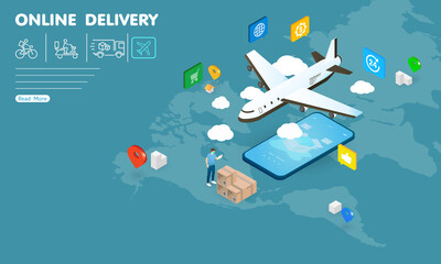 Online Delivery Easy Shopping During Covid-19 Coronavirus Situation Freight by Airplane Flying On Smartphone with Hologram of Building, House and Package will be Continued Delivering by Plane