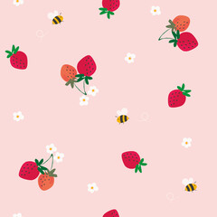 Vector honey bee and strawberry seamless pattern