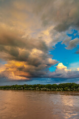 Stormy clouds at sunset over the Yellowstone River in Miles City, Montana, USA