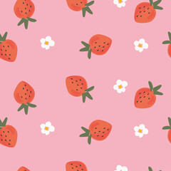 Vector strawberry fruits and flowers seamless pattern
