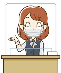 アクリル板越しに対応するマスクをした制服の女子社員