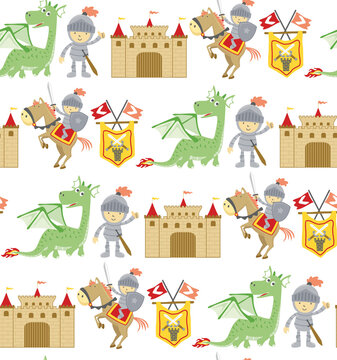 Seamless pattern vector of fairy tale cartoon with dragon, knight, horse and castle.