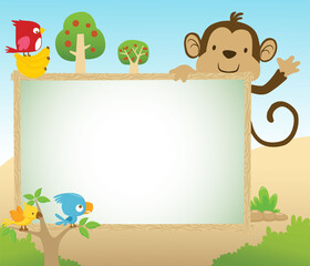 Vector cartoon of funny monkey and colorful birds with empty frame border, for children invitation or greeting card