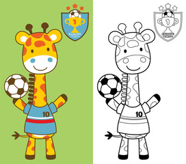 Vector cartoon of giraffe standing wearing soccer player costume while holding ball, coloring book or page