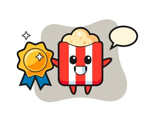 Popcorn mascot illustration holding a golden badge