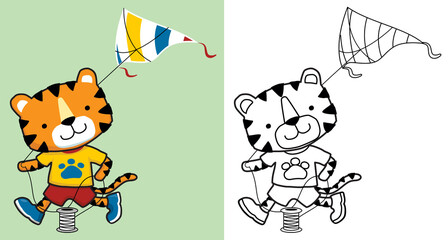 Funny tiger running while pulling kite that it can fly. Coloring book or page