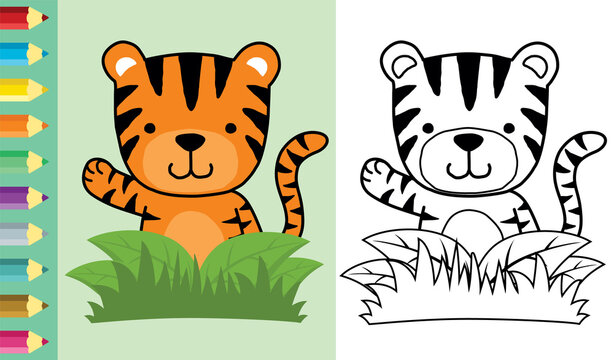 Cute little tiger appearing from bush while raising hand. Coloring book or page