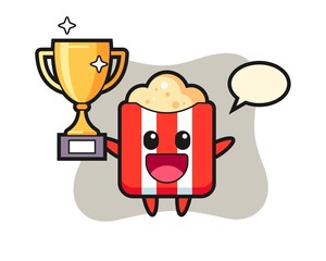 Cartoon illustration of popcorn is happy holding up the golden trophy