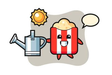 Cartoon illustration of popcorn holding watering can