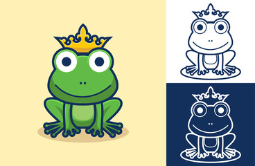 Funny frog wearing gold crown is sitting. Vector icon illustration