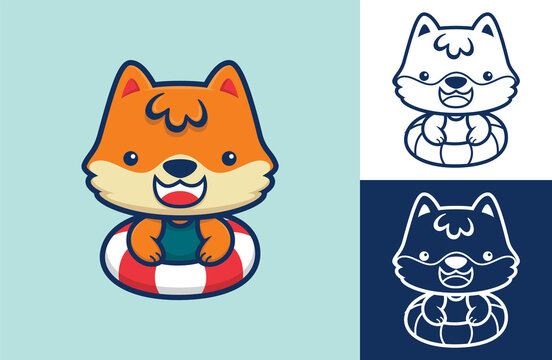 Cute fox wearing lifebuoy. Vector icon illustration