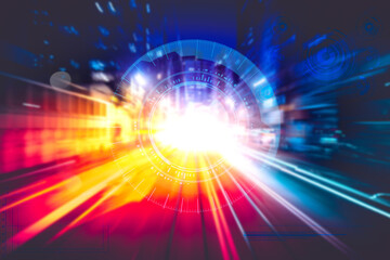 Obraz premium Digital graphs and hexagon grids with abstract high speed technology POV motion blur