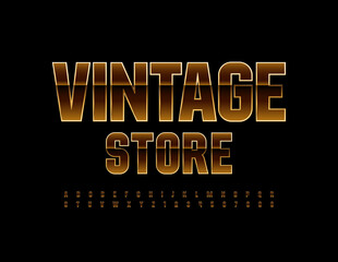 Vector stylish Sign Vintage Store. Unique Golden Font. Artistic Alphabet Letters and Numbers. 