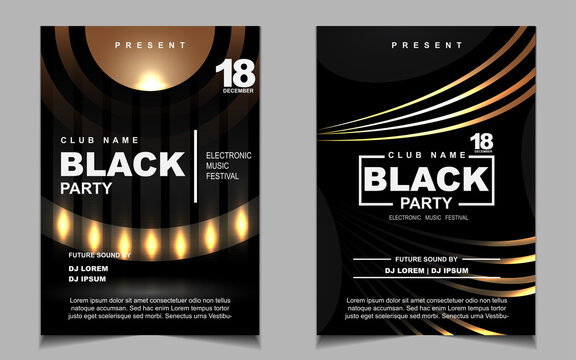 Luxury night dance party music layout cover design template background with elegant black and gold style. Light electro style vector for music event concert disco, club invitation, festival poster