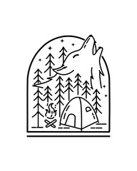 camping ground and wolf illustration in mono line art vector, badge illustration, T-shirt Tee Design