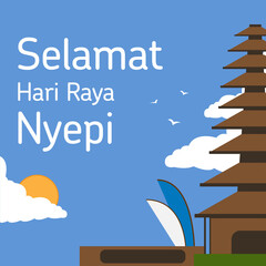 Selamat hari raya Nyepi. Translation: Happy Day Of Silence Nyepi. Suitable for Feed social media, greeting card, poster and banner.