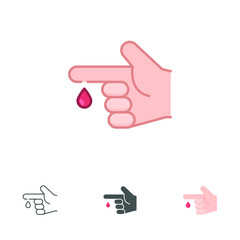 Blood on finger icons in different style. Vector people hand injured isolated symbol. Glucose, insulin test, diabetes concept. Designed in filled outline, line, flat, glyph and solid style. EPS 10
